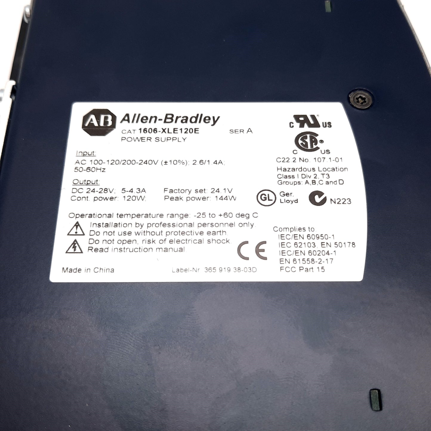 Used Allen Bradley 1606-XLE120E Power Supply, In: 100-120/200-240VAC, Out: 24-28VDC