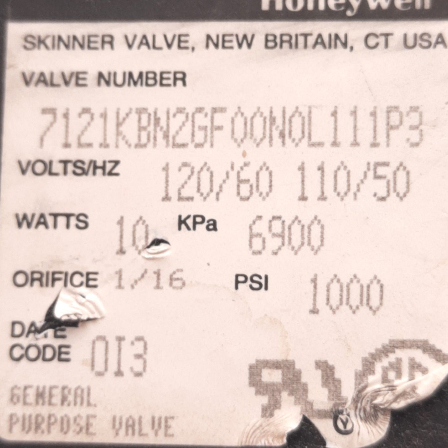 Used Parker 7121KBN2FG00N0L111P3 Solenoid Valve 1000 Psi 110/120V 10 Watts, 1/4" NPT