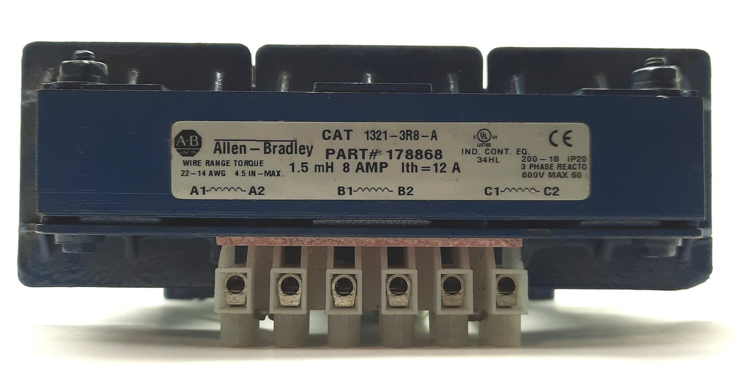 Used Allen Bradley 1321-3R8-A 3-Phase Line Reactor, 600VAC 8A 1.5mH