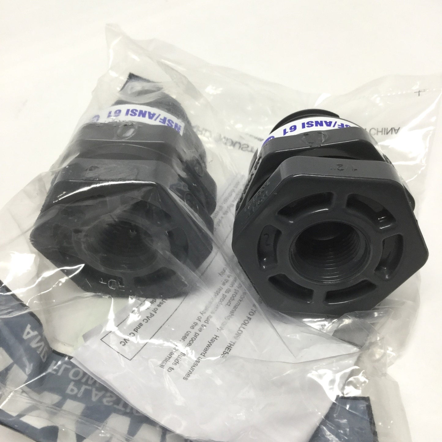 New – Open box Lot of 2 Hayward BFAS1005TES PVC Bulkhead Tank Fittings 1/2" NPT, 150psi