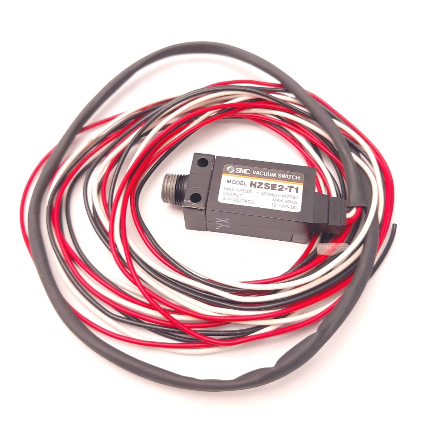 Used SMC NZSE1-T1 Vacuum Pressure Switch -14.7 Psi Max, 80mA Output, 12-24v DC Input