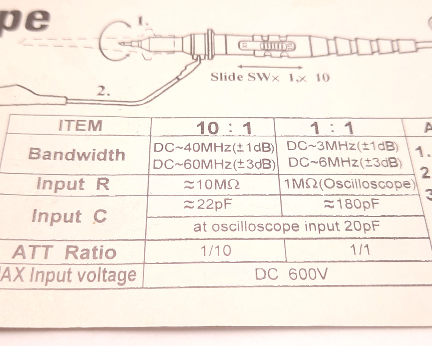 Used Tenma GCP-210LC Oscilloscope Probe 600v DC Max, 3 to 60 MHz Bandwidth, 1/10, 1/1