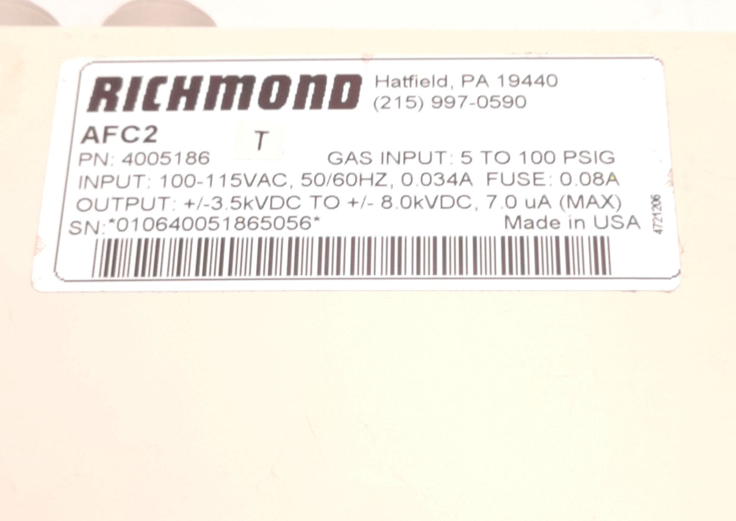 Used Simco AFC-2 Air Flow Controller w AC and HV Cable 115v AC 4 Watt, 100 Psig Max