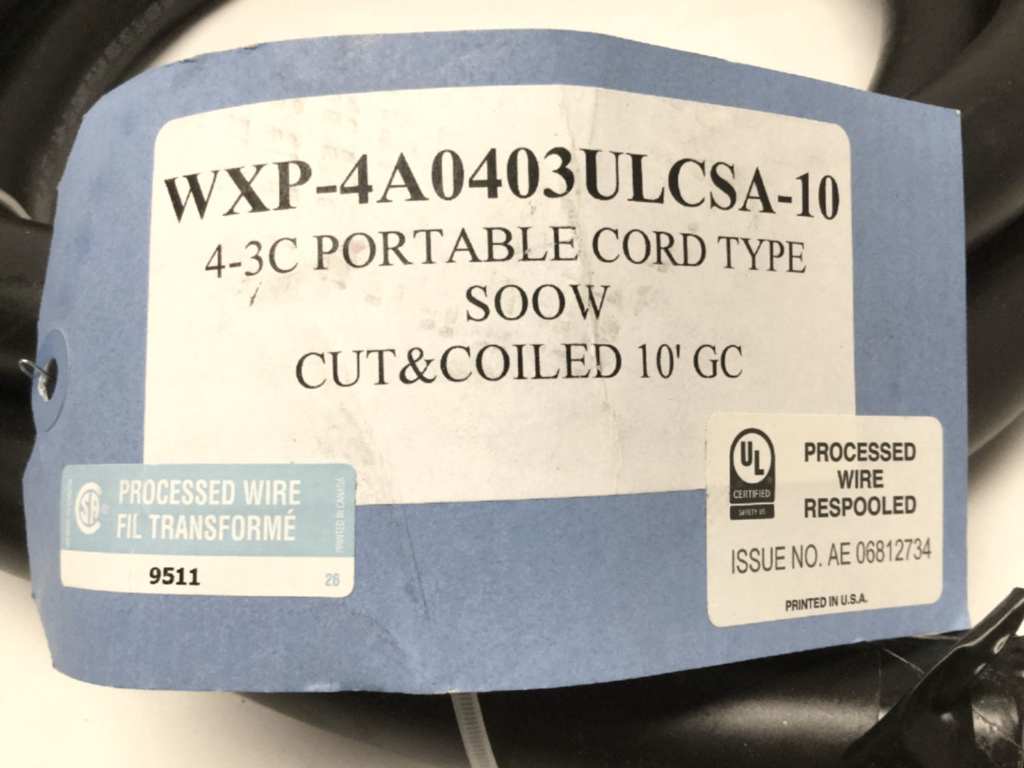 New – Open box TF Cable Flextreme 4/3 Portable Service Cord SOOW 600V 4AWG x 3 Conductor, 10ft