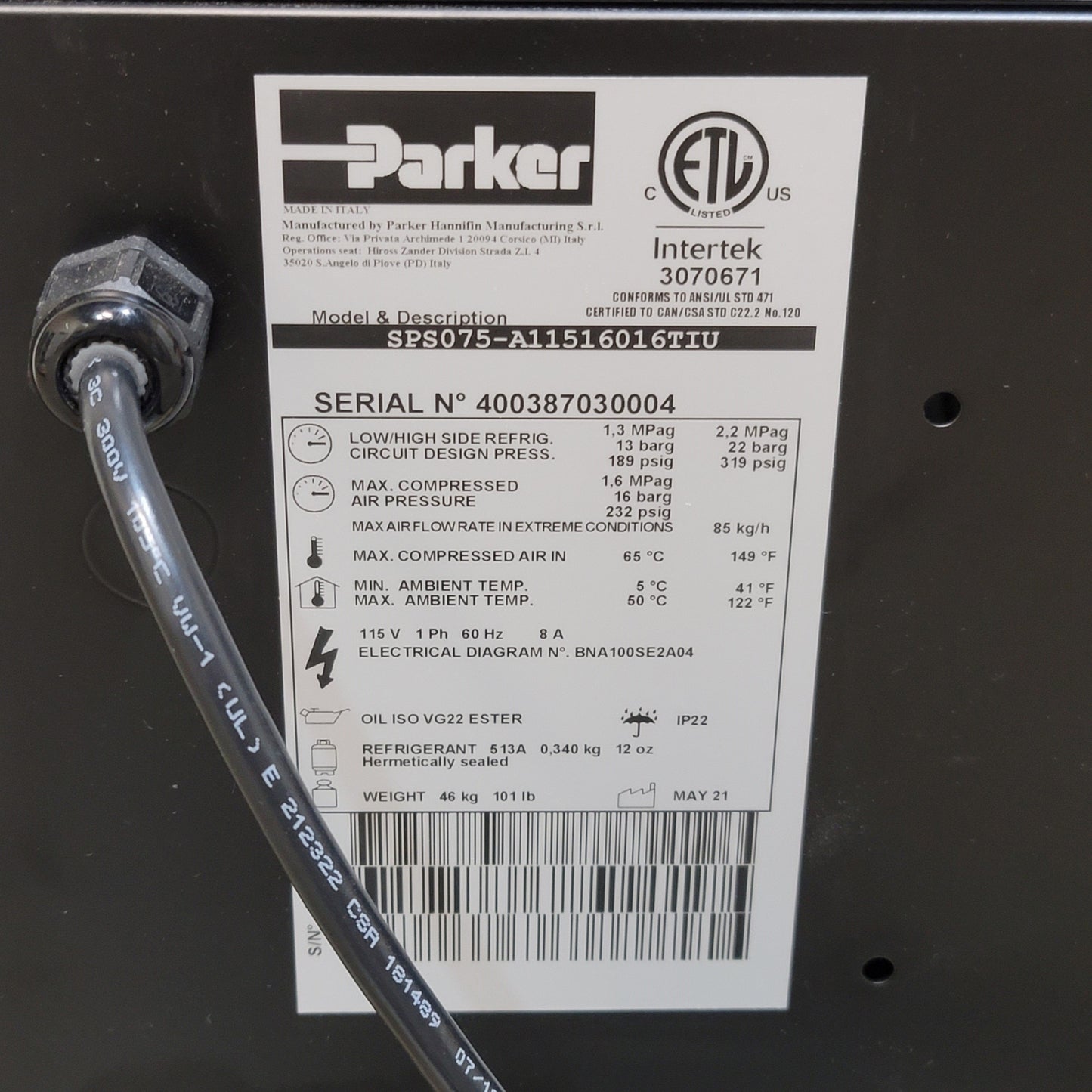 Used Parker SPS075-A11516016TIU Starlette Plus-E Compressed Air Dryer 115VAC, 75CFM