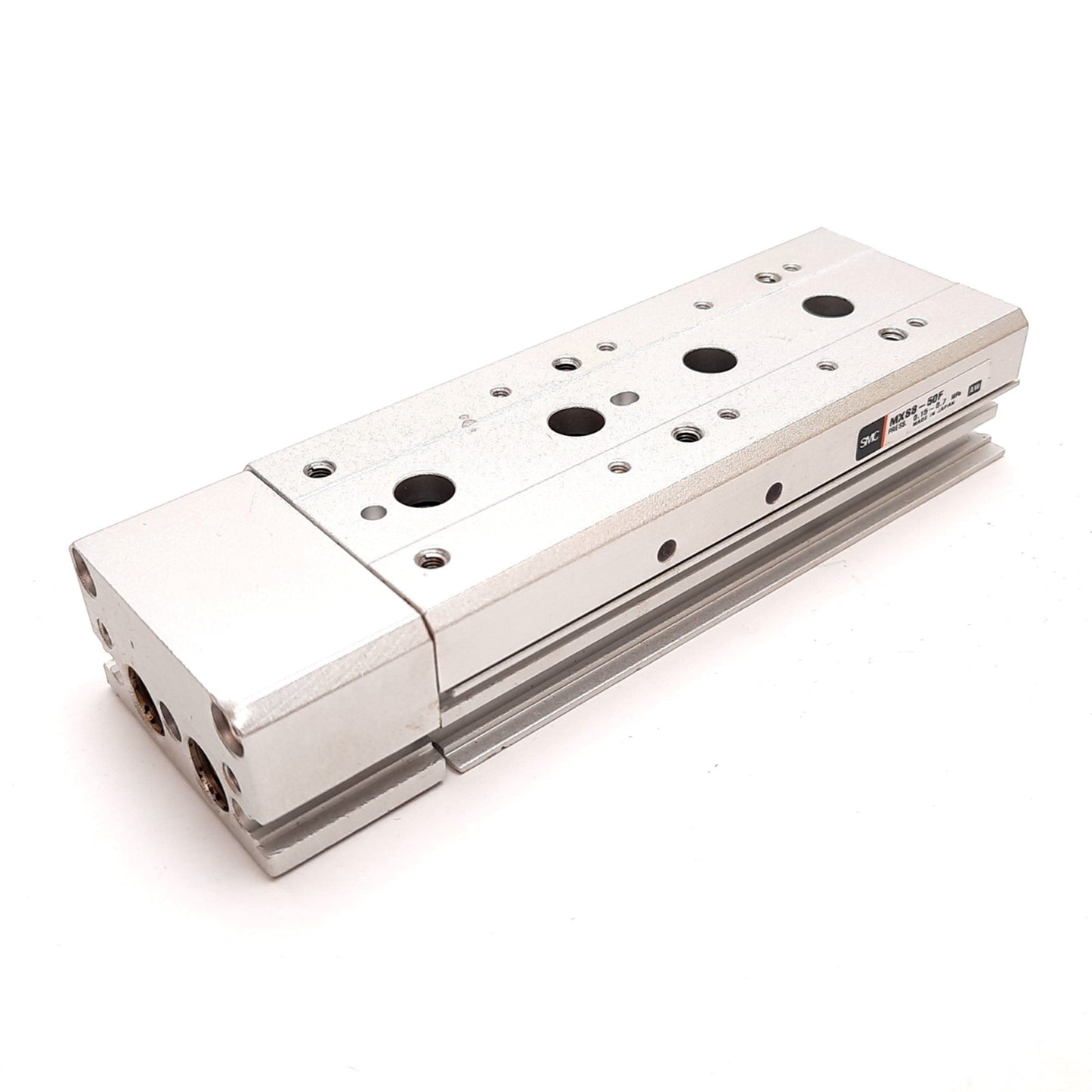 Used SMC MXS8-50F Pneumatic Slide Table, Bore: 8mm, Stroke: 50mm, M5x0.8, 0.15-0.7MPa
