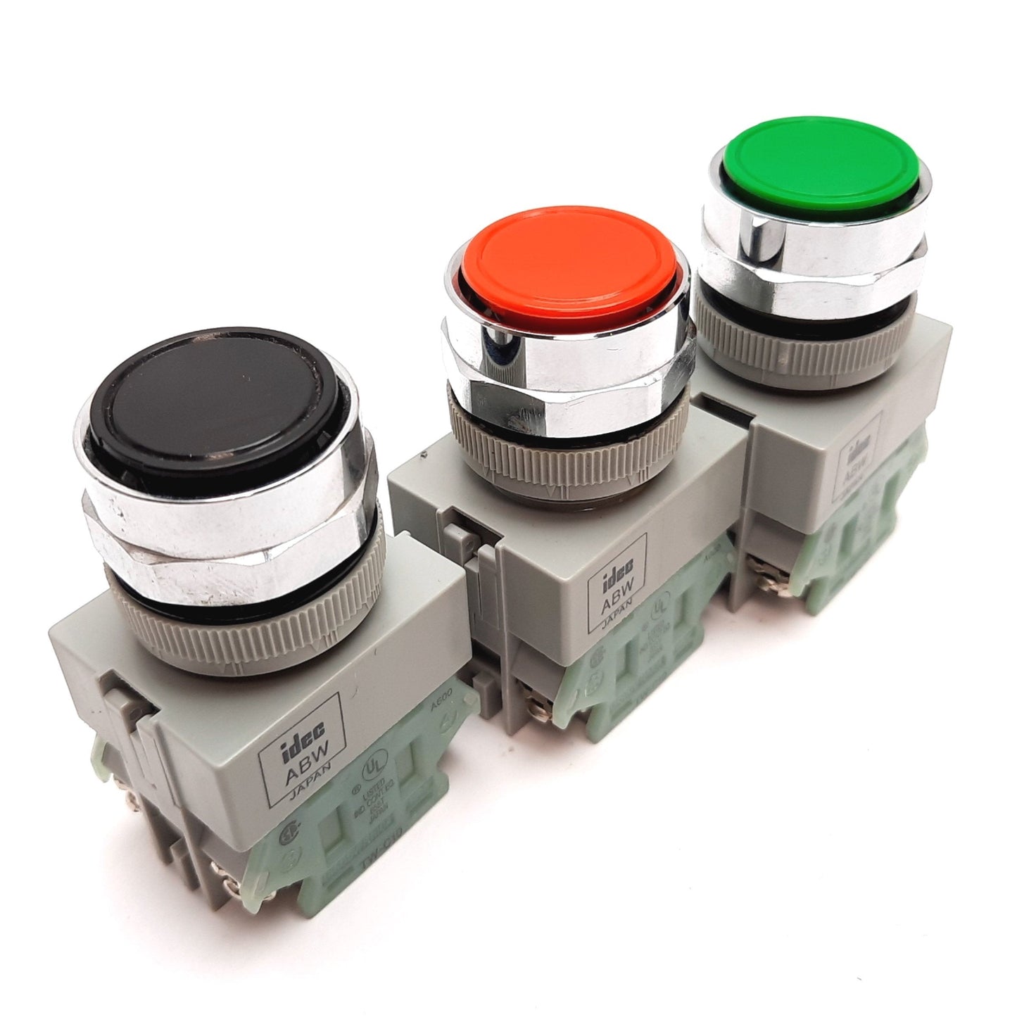 Used Lot of 3 Idec ABW Pushbuttons, 2x TW-C10 N/O Contact, Momentary, Black Red Green