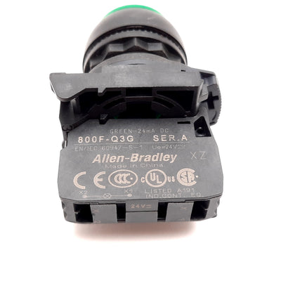 Used Allen Bradley 800F-Q3G Illuminated LED Green Pushbutton Switch, 24V AC/DC