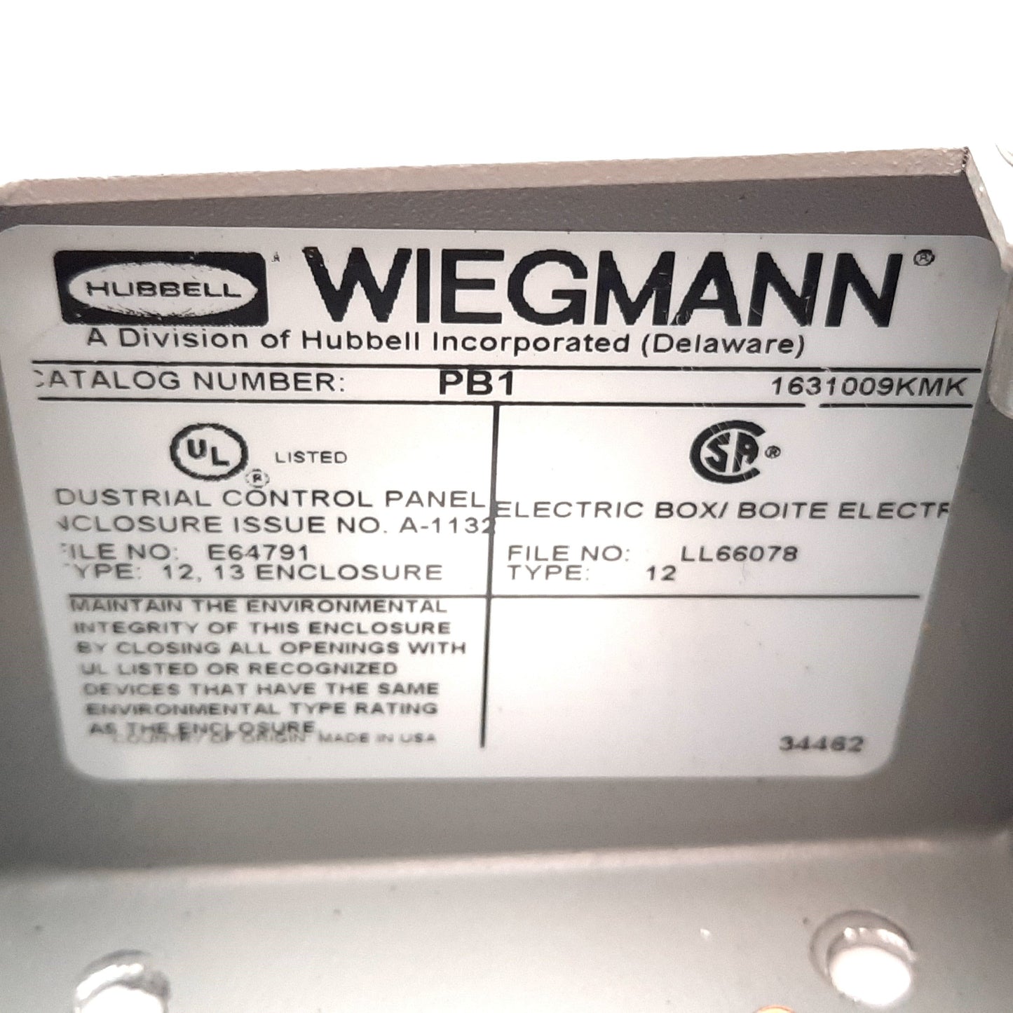 Used Hubbell Wiegmann PB1 Push Button Enclosure, Steel, 30mm, 3.8" x 3.6" x 3"