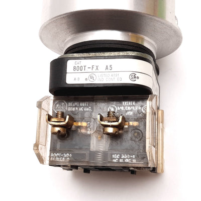 Used Allen Bradley 800T-FX-A5 & 800T-XD4 E-Stop Push Button, N.C. Contact, 600V