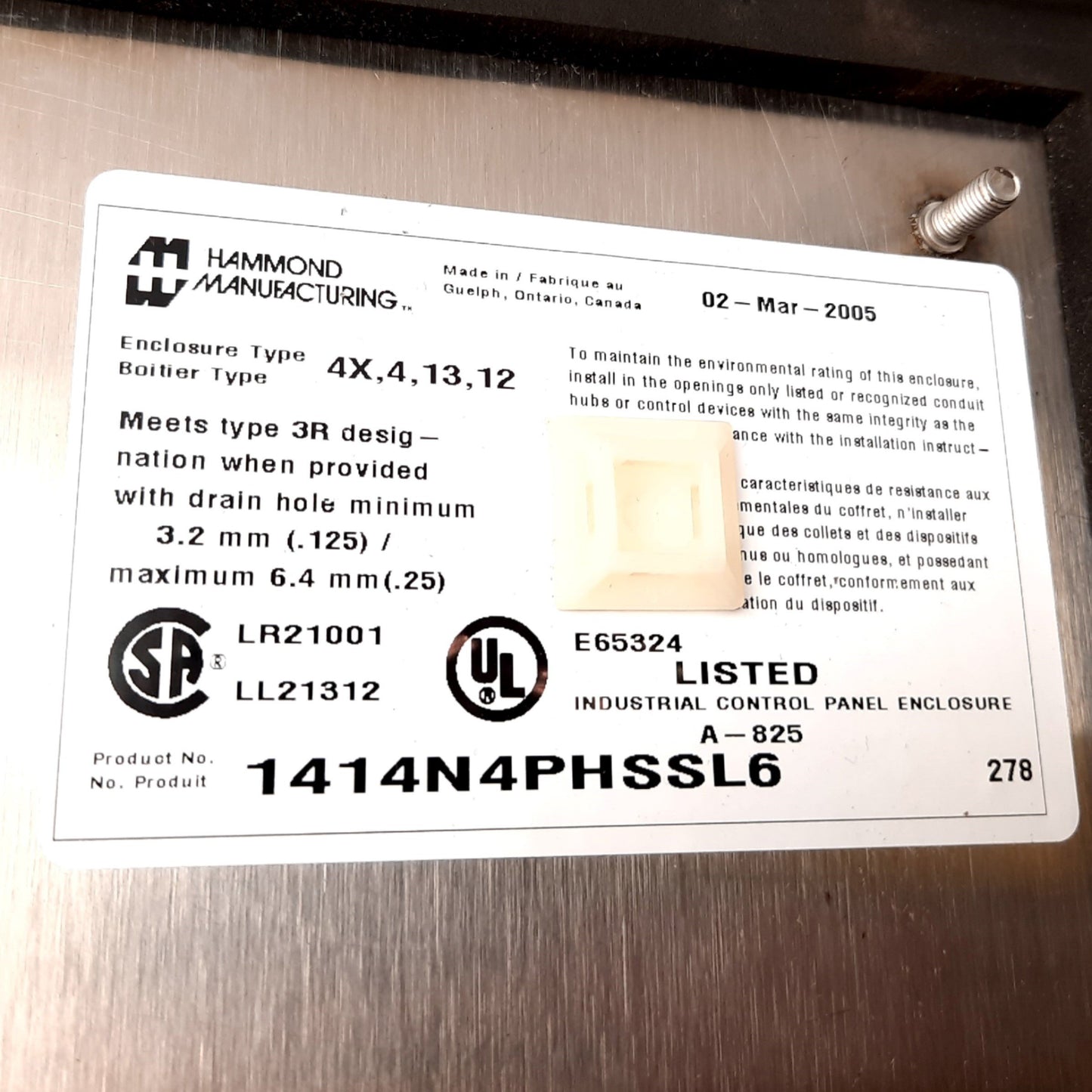 Used Hammond 1414N4PHSSL6 Electrical Enclosure, Stainless Steel, 12"x12"x6", *Holes*