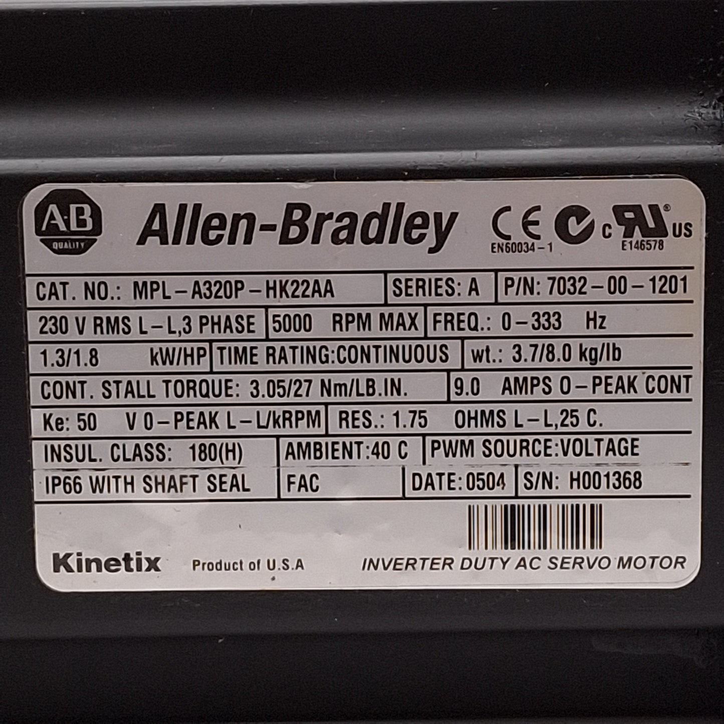 Used Allen Bradley MPL-A320P-HK22AA Kinetix Servo Motor 1.3kW 5000RPM 3PH 230VAC 9A