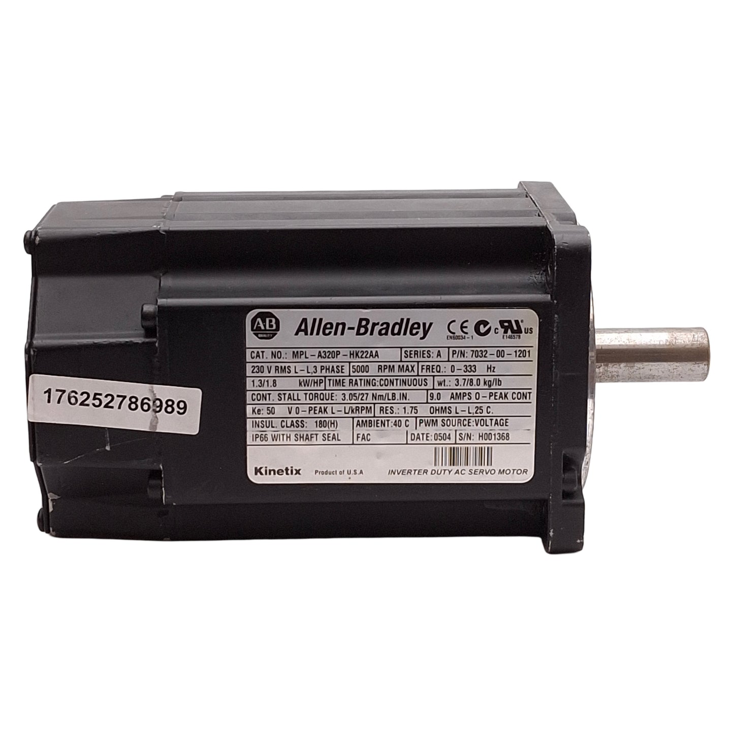 Used Allen Bradley MPL-A320P-HK22AA Kinetix Servo Motor 1.3kW 5000RPM 3PH 230VAC 9A