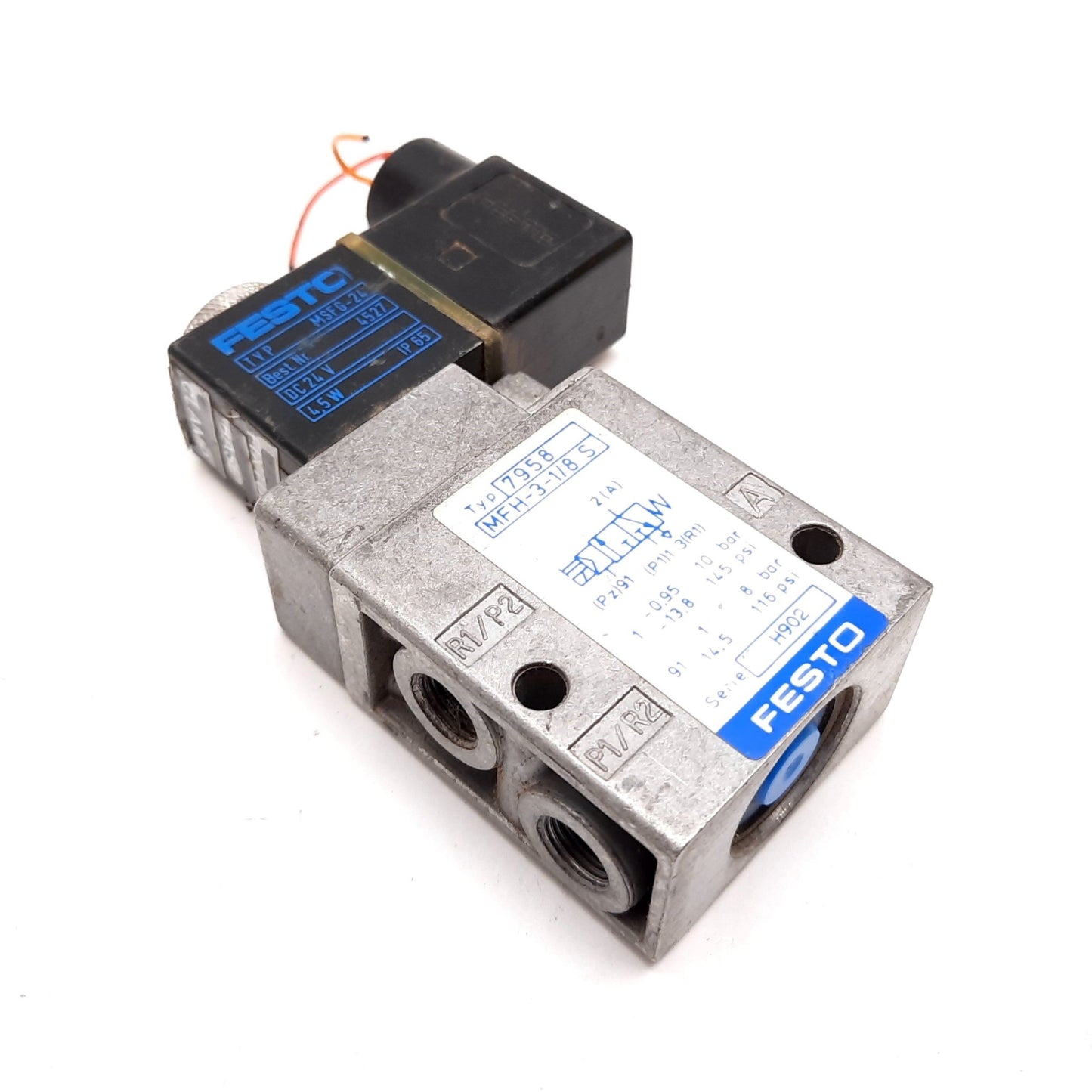 Used Festo MFH-3-1/8-S Solenoid Valve, 2-Position 3-Way, -0.95 to 10bar, 24VDC, G1/8
