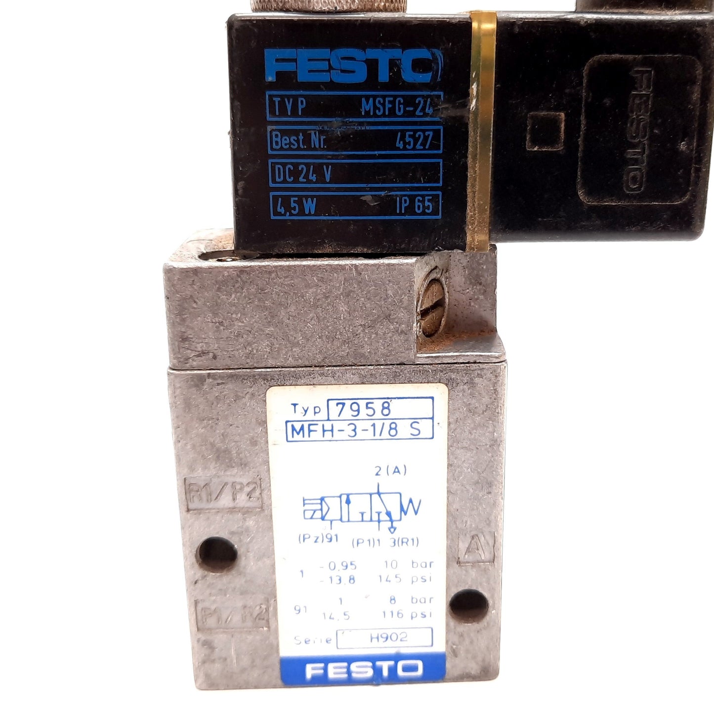 Used Festo MFH-3-1/8-S Solenoid Valve, 2-Position 3-Way, -0.95 to 10bar, 24VDC, G1/8