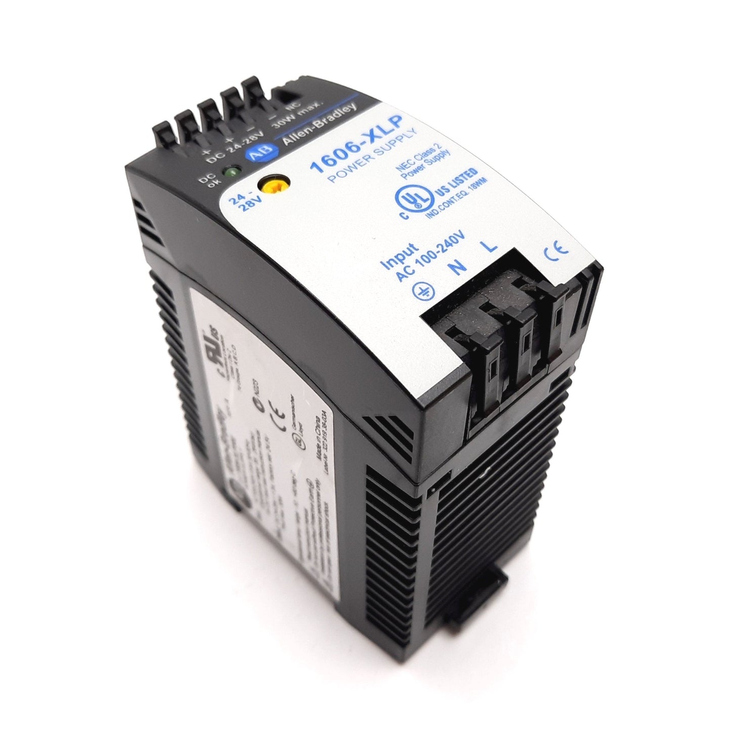 Used Allen Bradley 1606-XLP30E Power Supply, In: 100-240VAC, Out: 24-28VDC 1.3A 30W