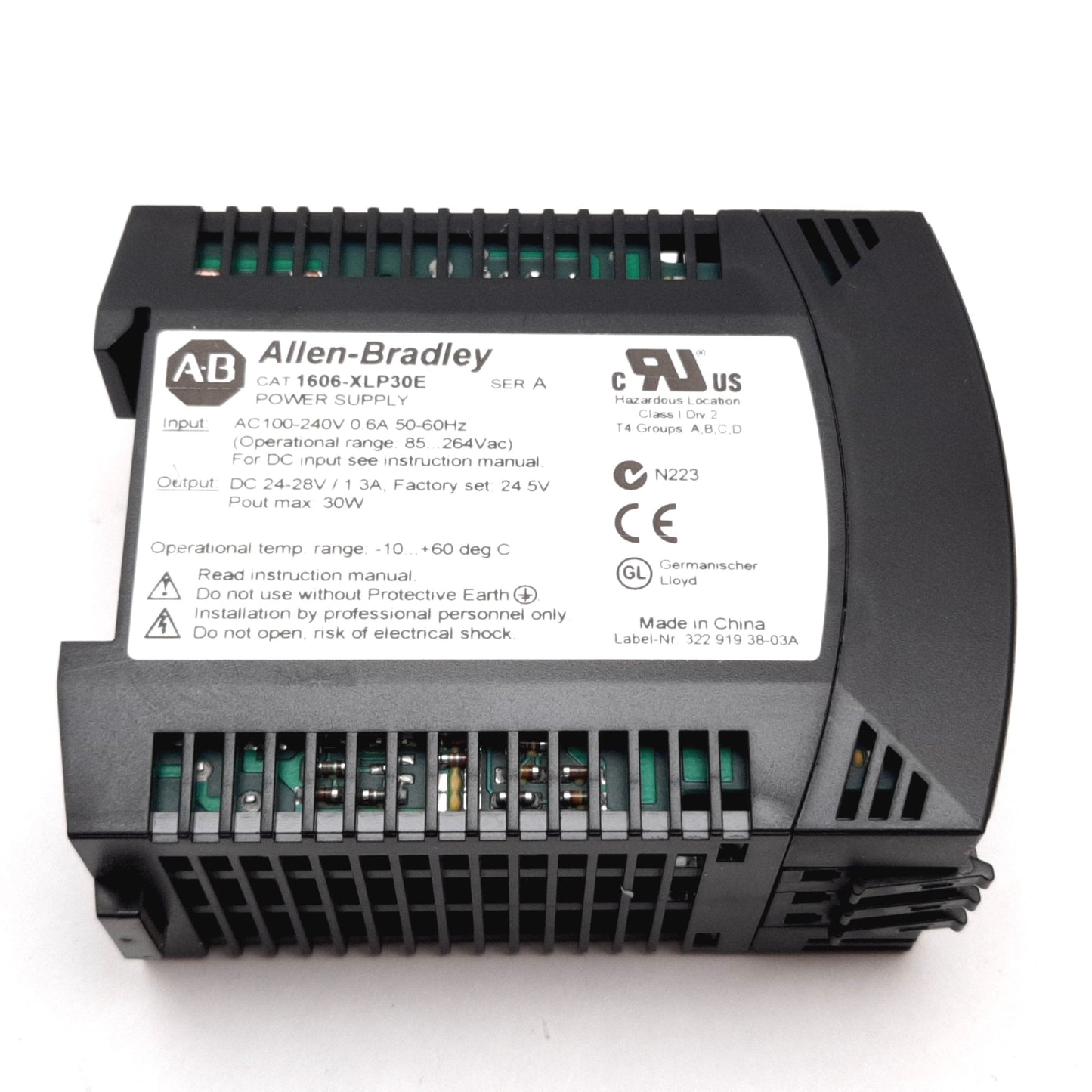 Used Allen Bradley 1606-XLP30E Power Supply, In: 100-240VAC, Out: 24-28VDC 1.3A 30W