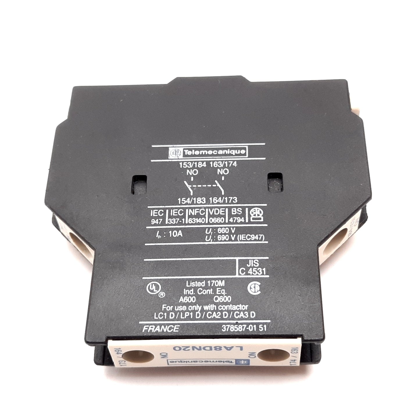 Used Telemecanique LA8DN20 Auxiliary Contact Block, 2x N/O, Rating: 660V 10A