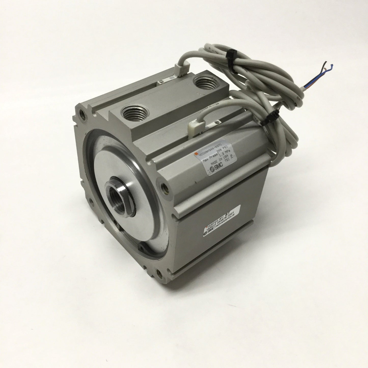 Used SMC NCDQ8A300-037C Compact Pneumatic Cylinder 3" Bore, 3/8" Stroke w/Switches