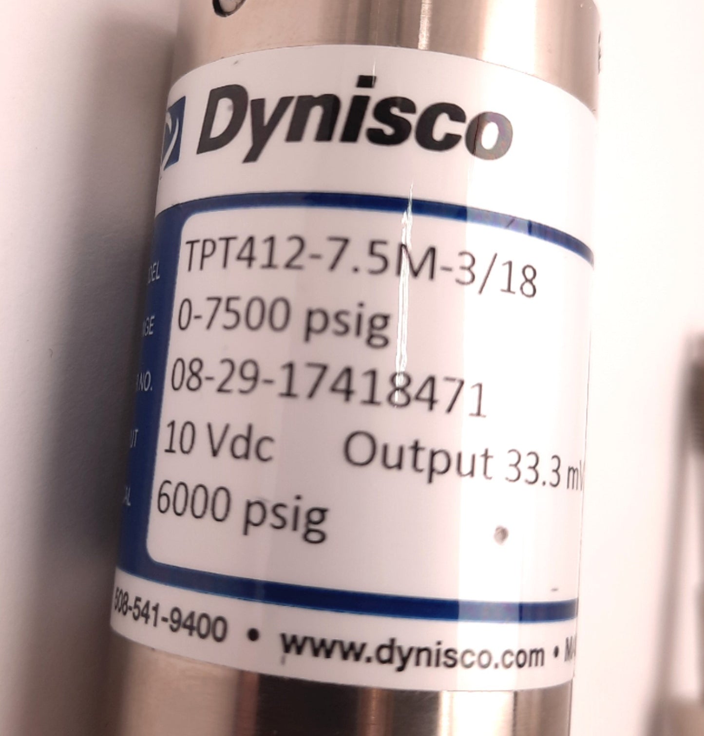New Dynisco TPT412-7.5M-3/18 Pressure Transducer 0-7500 Psig, 10v DC, 33.3mV