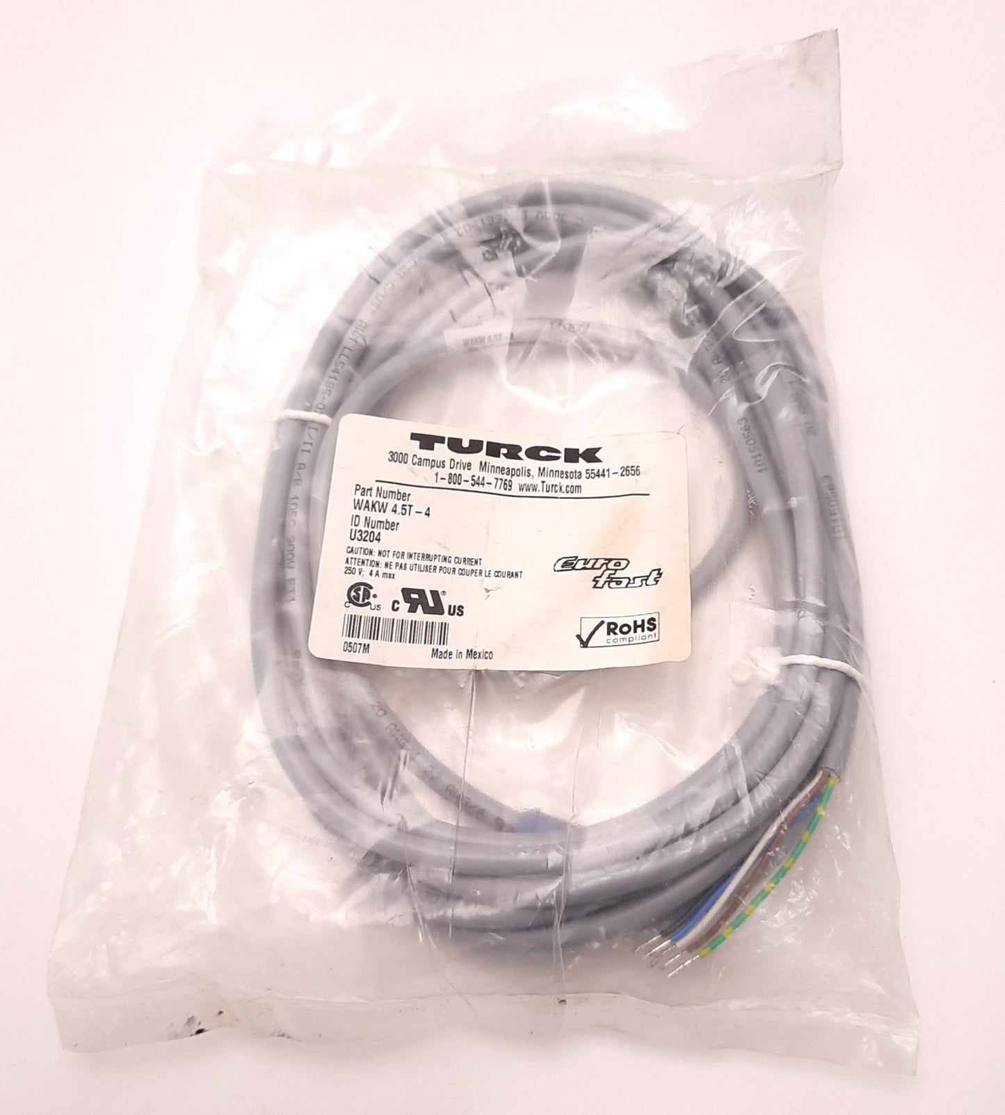 New – Open box Turck WAKW 4.5T-4 Single End Cordset M12 Female to Pigtail, 4M, 250V 4A Max