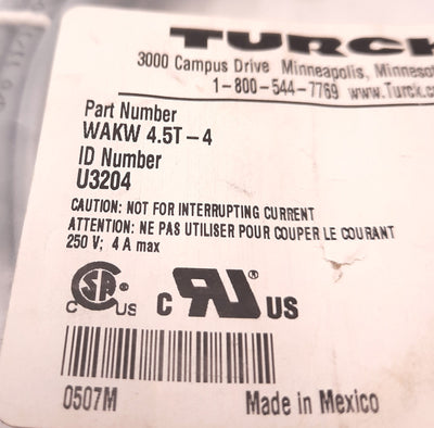 New – Open box Turck WAKW 4.5T-4 Single End Cordset M12 Female to Pigtail, 4M, 250V 4A Max