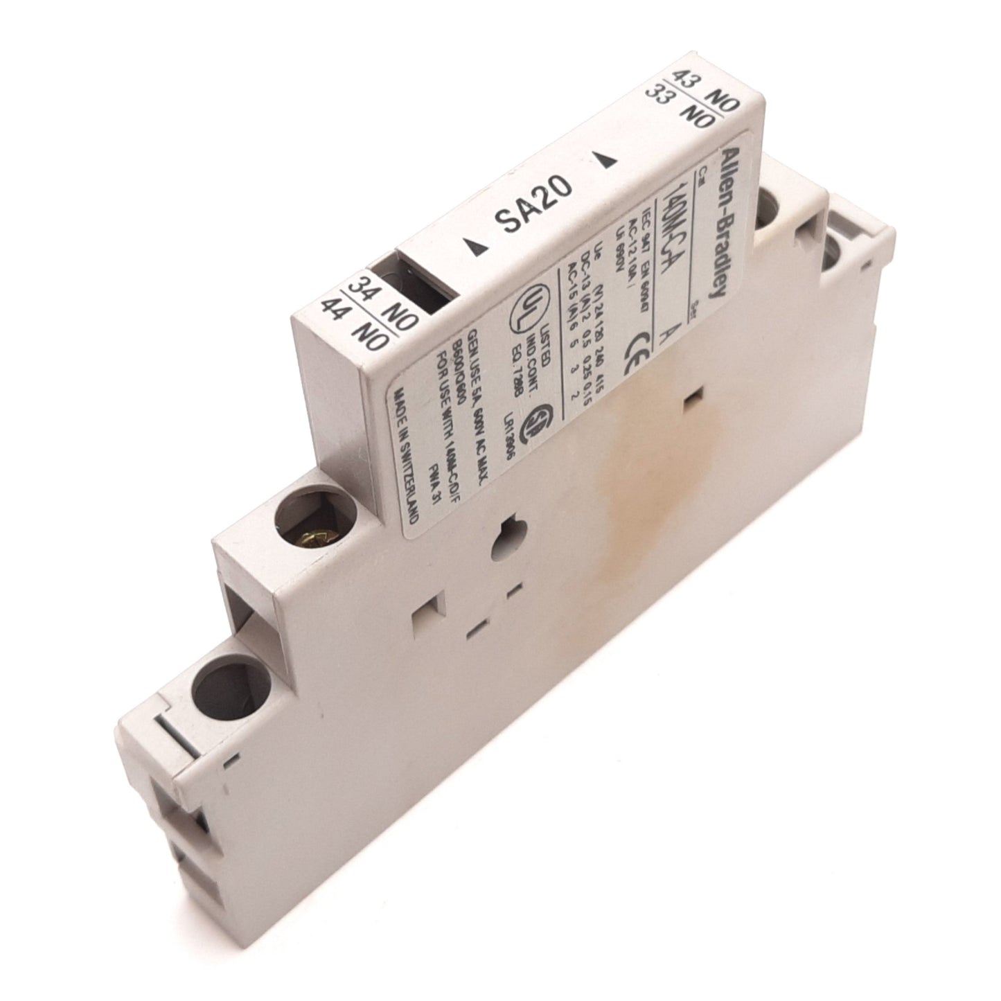 Used Allen Bradley 140M-C-A Auxiliary Contact Block, 2-Pole N/O, Rating: 10A 690V