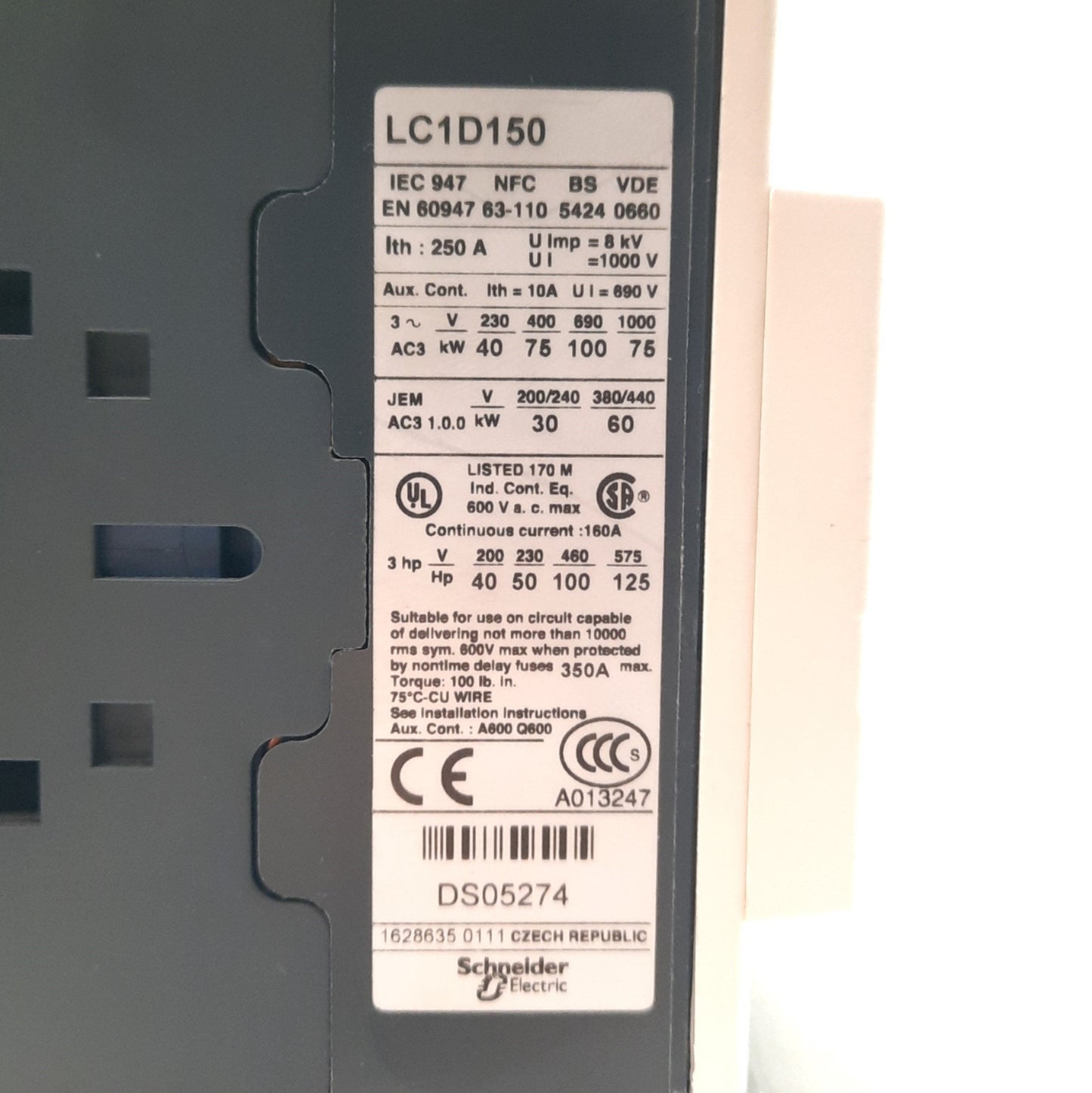 Used Telemecanique LC1D150 TeSys Contactor 3-Pole 150A 1000VAC NC/NO Aux 24VDC Coil