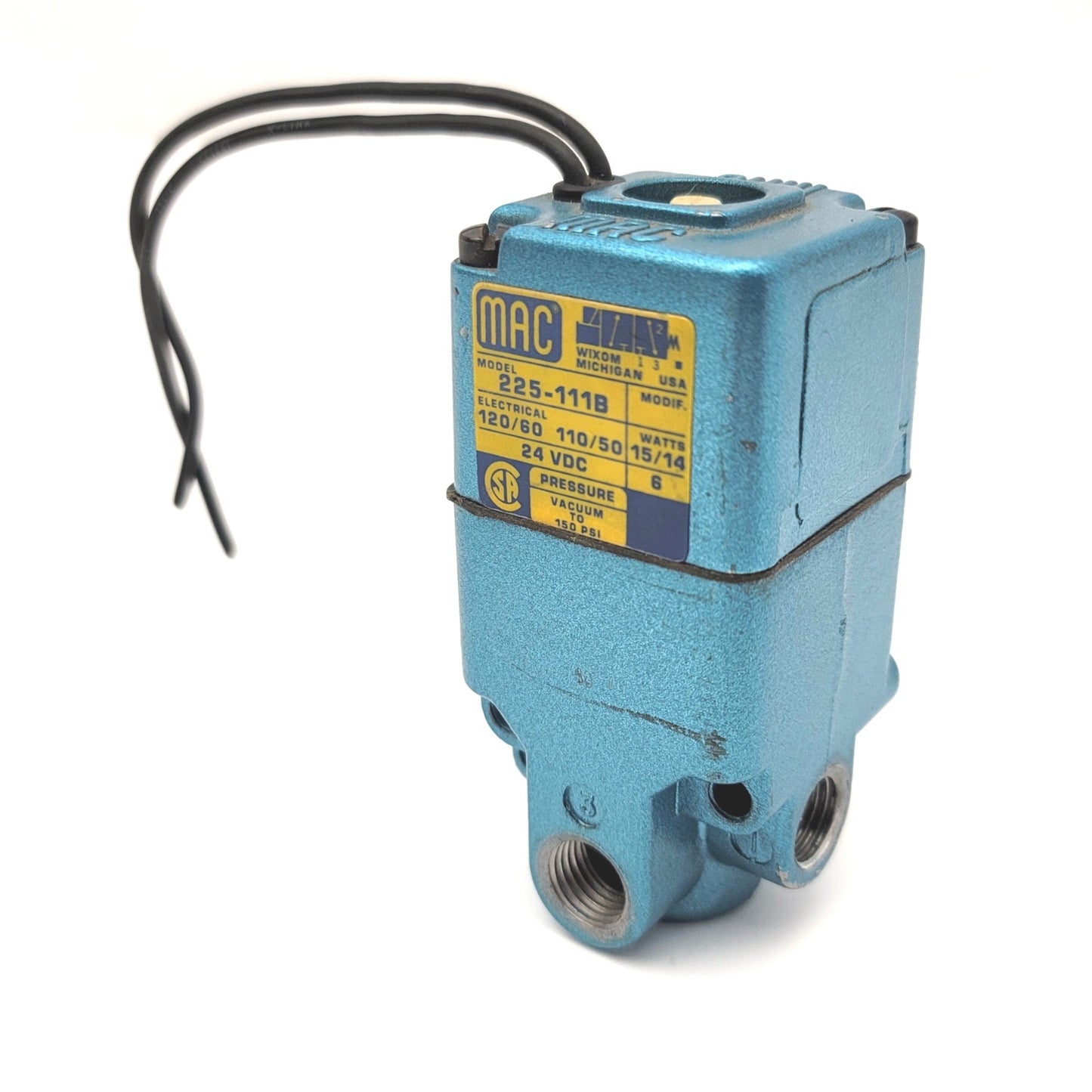 Used MAC Valves 225-111B Solenoid Pilot Valve 120VAC/24VDC Coil, Vacuum To 150psi