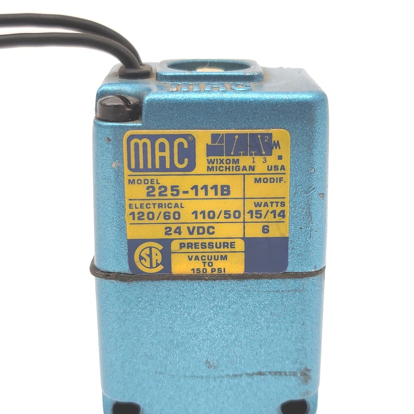 Used MAC Valves 225-111B Solenoid Pilot Valve 120VAC/24VDC Coil, Vacuum To 150psi