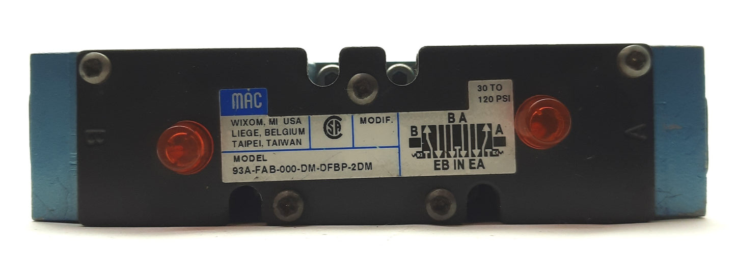 Used MAC Valves 93A-FAB-000-DM-DFBP-2DM Spool Valve 3-Way 30-120PSI Indicator Light