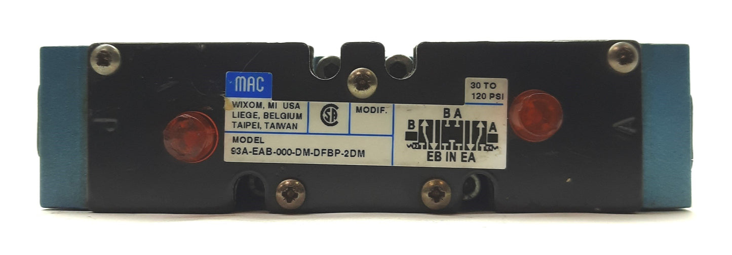 Used MAC Valves 93A-EAB-000-DM-DFBP-2DM Spool Valve 3-Way 30-120PSI Indicator Light