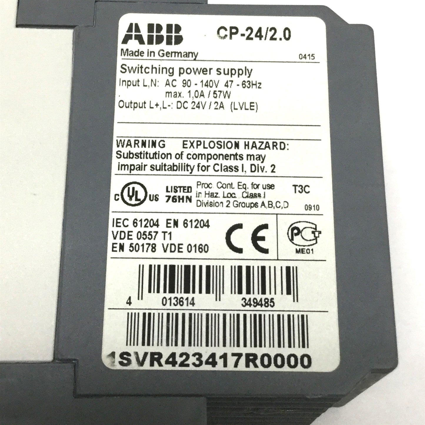 Used ABB CP-24/2.0 Switching Power Supply 90-140VAC Input, 24VDC 2A Output, DIN Mount