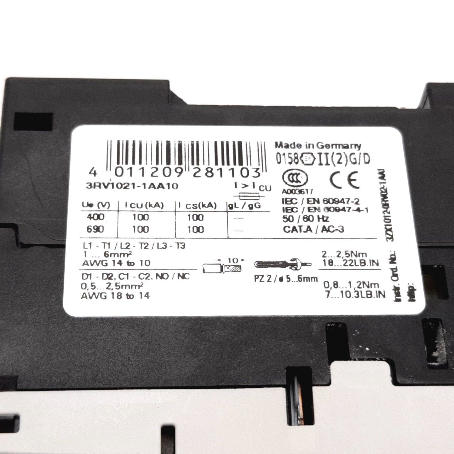 Used Siemens 3RV1021-1AA10 Motor Protection Circuit Breaker, 3-Pole, 1.1-1.6A, 690VAC