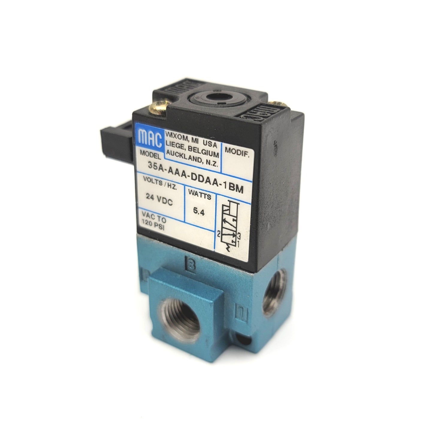 Used MAC 35A-AAA-DAA-1BM 3-Way Solenoid Poppet Valve 24VDC, Vacuum To 120psi, 1/8"NPT