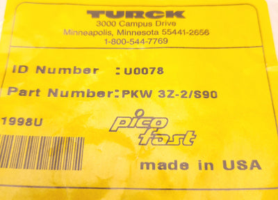 New – Open box Turck PKW 3Z-2/S90 U0078 PicoFast Cordset M8 90° Female 3-Pin, 2 Meter Length