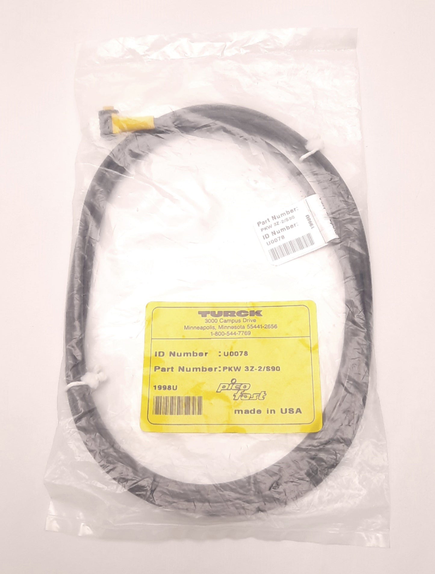 New – Open box Turck PKW 3Z-2/S90 U0078 PicoFast Cordset M8 90° Female 3-Pin, 2 Meter Length