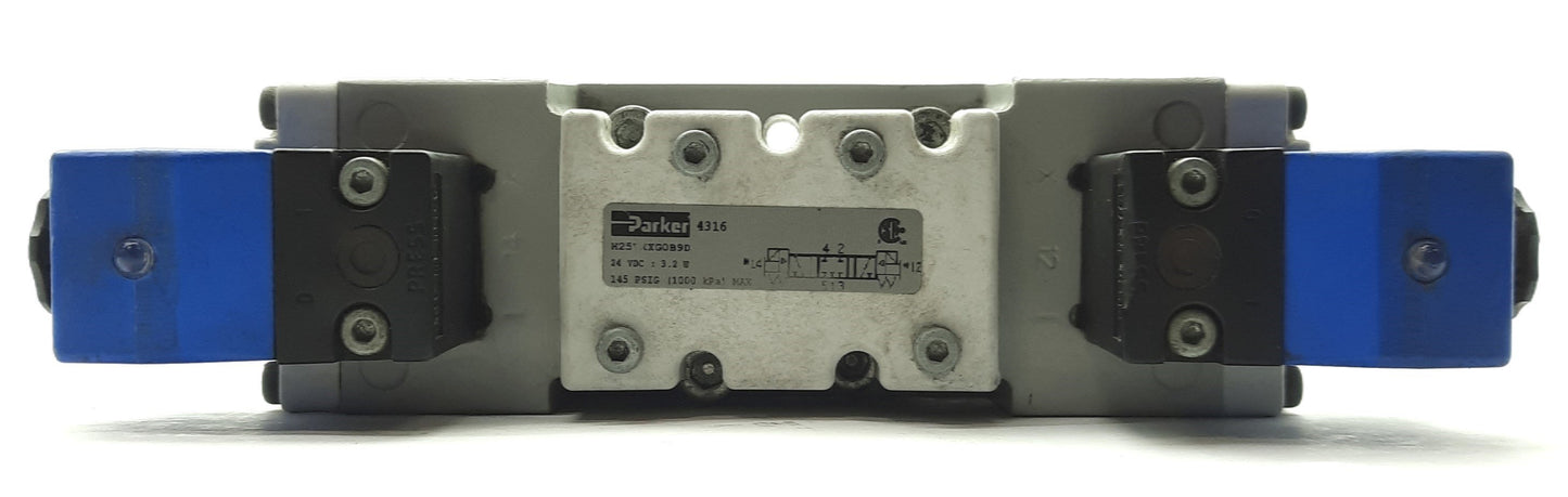 Used Parker H25VXXG0B9D Double Solenoid Valve, 4-Way 3-Position, 2.8Cv, 24VDC