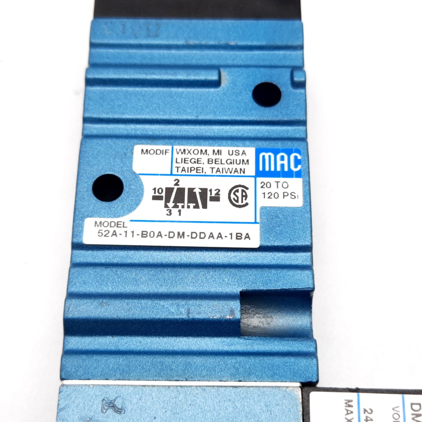 Used Mac 52A-11-B0A-DM-DDAA-1BA Solenoid Valve, 2-Position 3-Port, 24VDC, 1/4" NPT