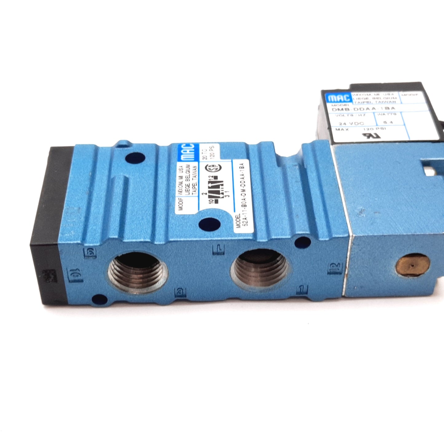 Used Mac 52A-11-B0A-DM-DDAA-1BA Solenoid Valve, 2-Position 3-Port, 24VDC, 1/4" NPT
