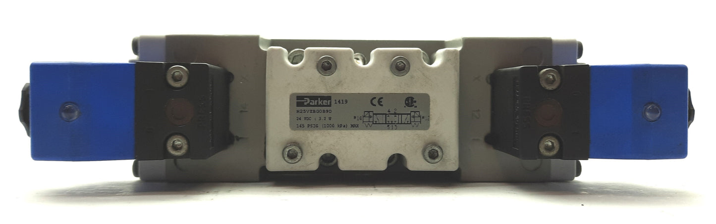 Used Parker H25VXBG0B9D Double Solenoid Valve, 4-Way 3-Position, 3Cv, 145PSI, 24VDC
