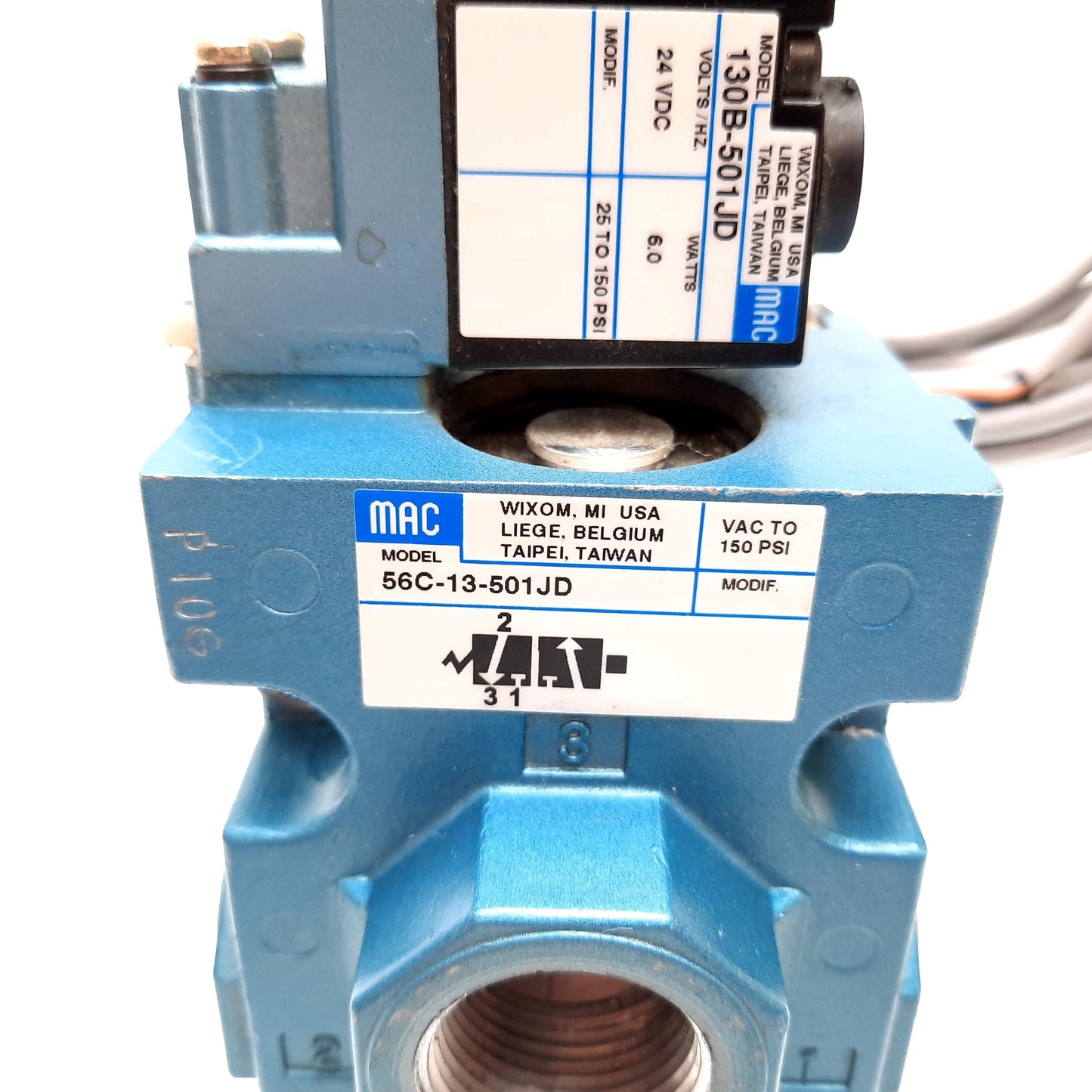 Used MAC 56C-13-501JD Solenoid Valve, 2-Position 3-Port, 24VDC, Vacuum to 150psi