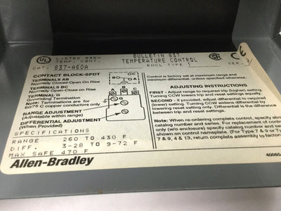 Used Allen Bradley 837-A60AX506 Temperature Control, 260-430øF, Remote Bulb/Capillary