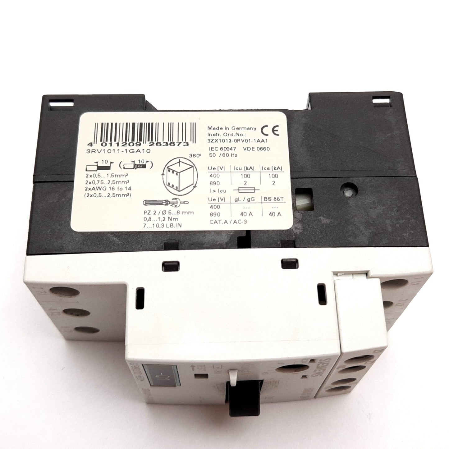 Used Siemens 3RV1011-1GA10 Motor Protection Circuit Breaker, 3-Pole, 4.5-6.3A 690V