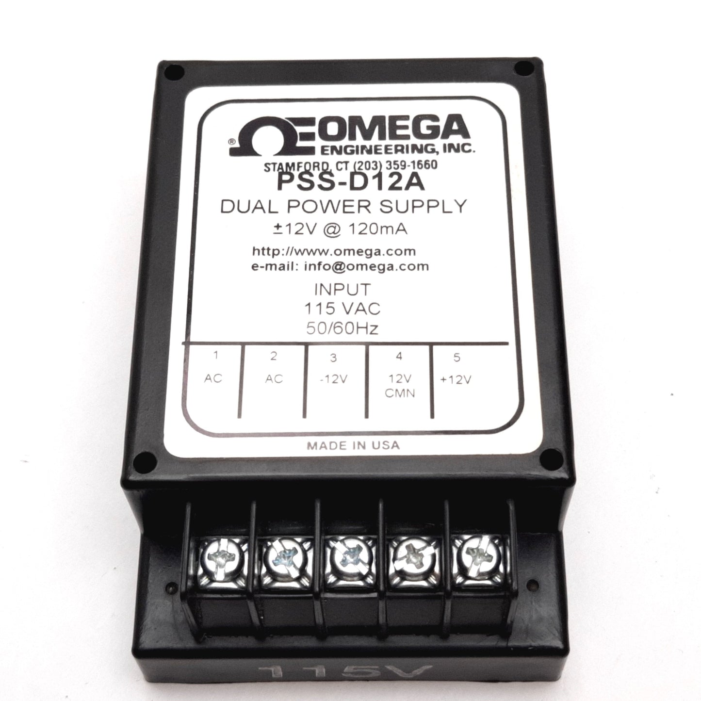 Used Omega PSS-D12A Dual Power Supply, Input: 115VAC 50/60Hz, Output: ±12VDC 120mA