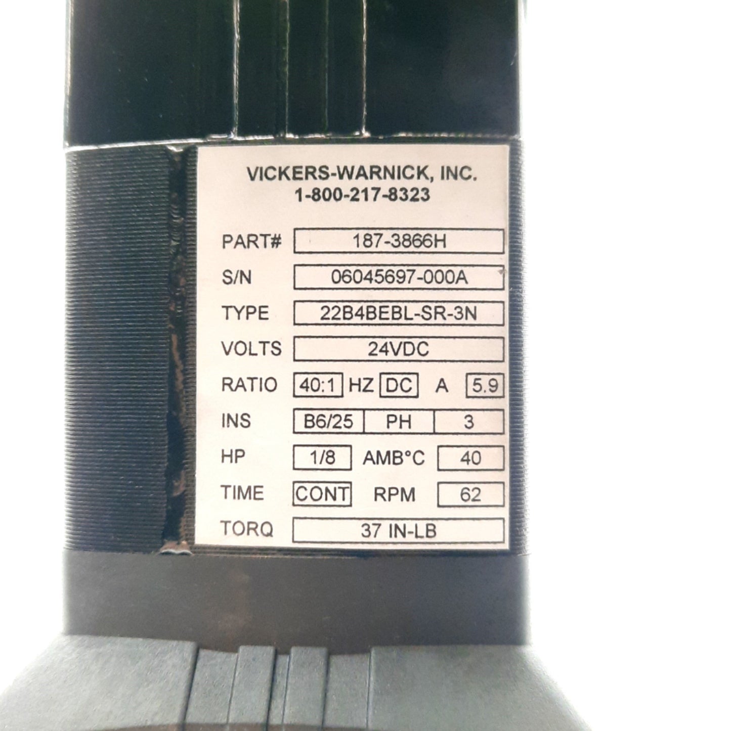 Used Vickers Warnick 22B4BEBL/SR-3N Right Angle INTEGRAmotor 40:1 62RPM 37in-lb 24VDC