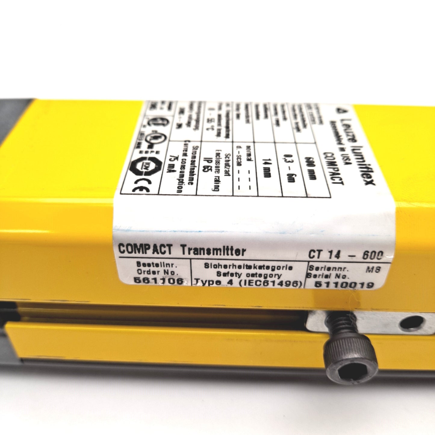 Used Leuze Lumiflex CT14-600 Compact Light Curtain Transmitter 24VDC Sensing 0.3-6M