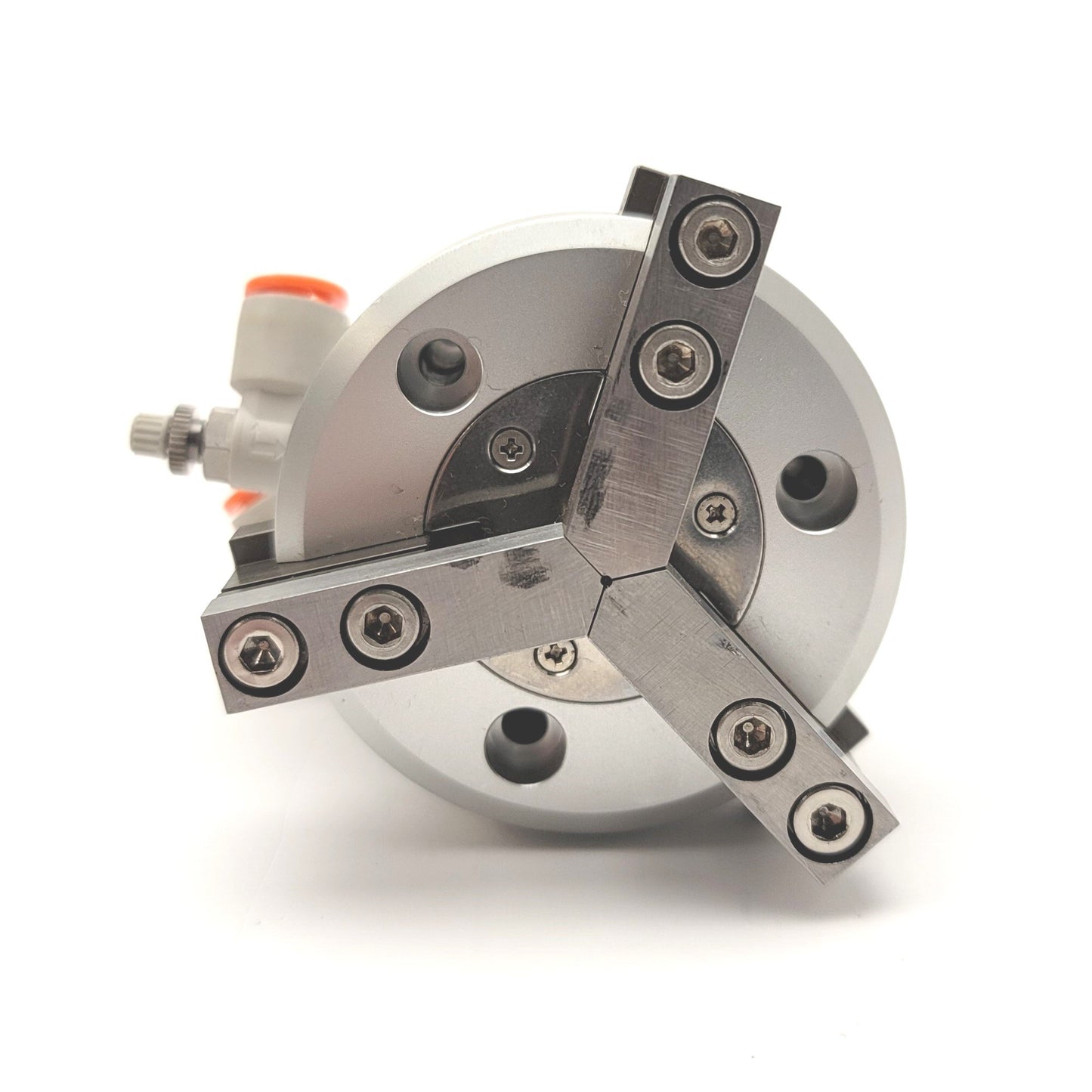 Used SMC MHSH3-32D 3-Finger Pneumatic Gripper 8mm Stroke, 32mm Bore, 62N, .1-.6MPa