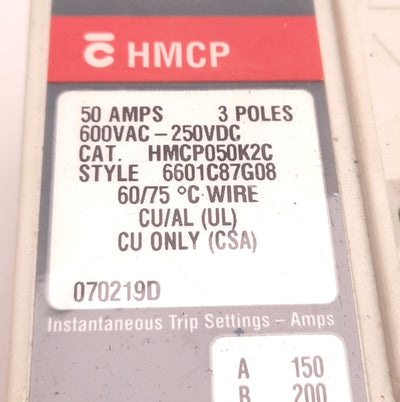 Used Cutler Hammer HMCP050K2C Motor Circuit Breaker 50A, 3-Pole, 250VDC/600VAC