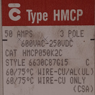 Used Cutler Hammer HMCP050K2C Motor Circuit Breaker 50A, 3-Pole, 250VDC/600VAC